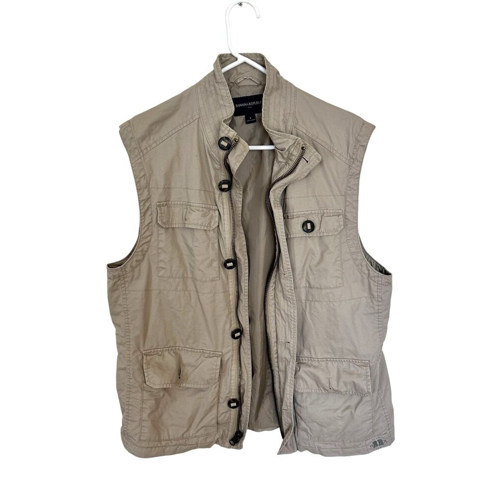 Banana Republic Mens Safari Vest 4 Pocket Harbor Vest Large Zip Up Khaki